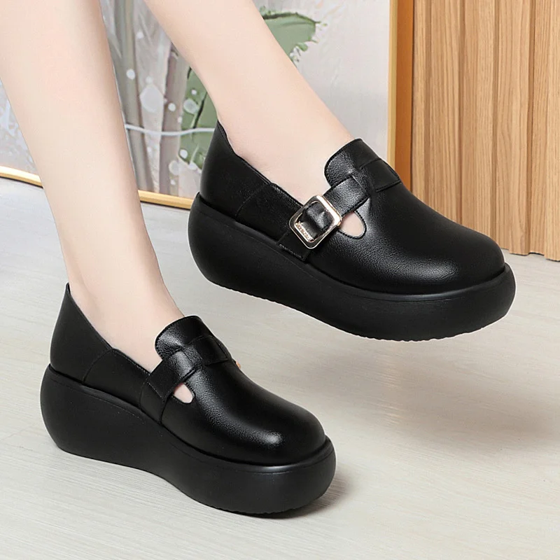 Spring Autumn New Fashion Casual Popular High Soft Bottom Leather Women's Round Toe Wedge Thick sole Anti-slip Single Shoes