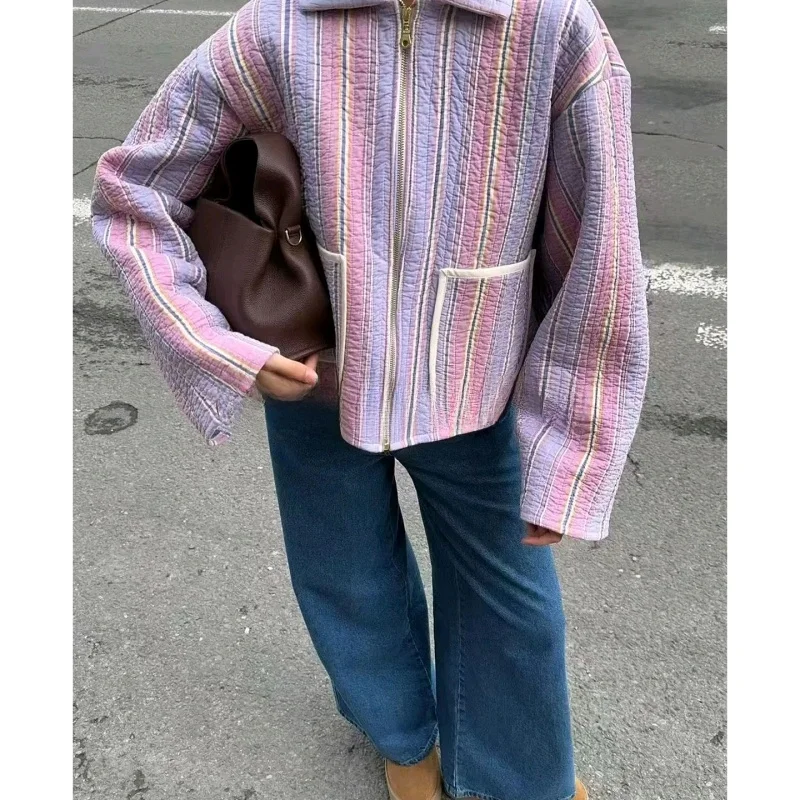 Nouveau automne femmes banlieue Sle Long Sve ample coton Jaet avec col imprimé ket décontracté Faion vêtements d'extérieur