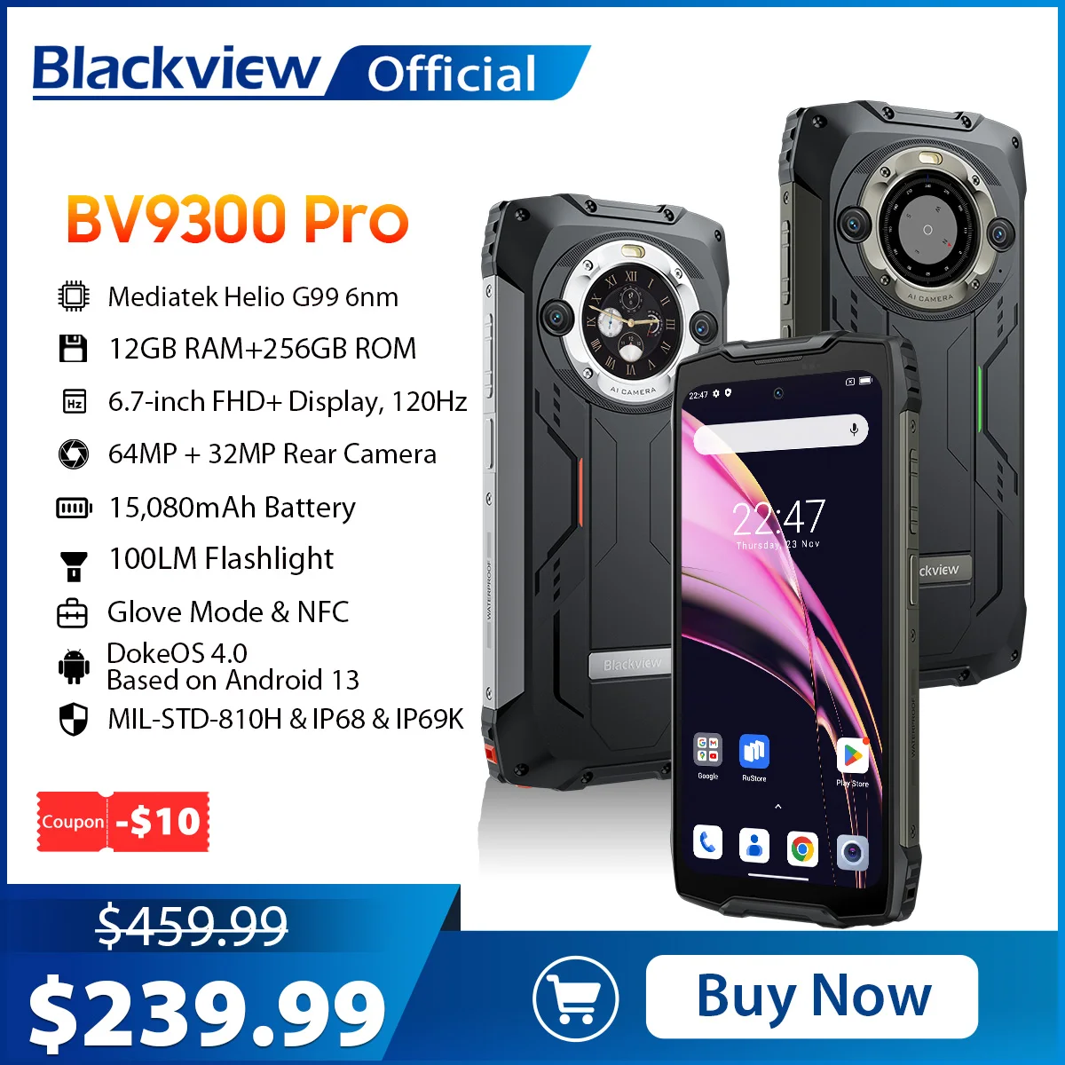 Blackview BV9300 Pro Wytrzymały telefon Helio G99 6,7-calowy wyświetlacz 120 Hz 12 GB 256 GB Smartfon z podwójnym ekranem 15080 mAh, telefon