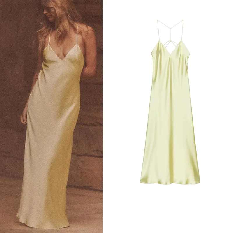 E vestido de verano para mujer, con cuello en V, sin mangas, con tacto satinado, estilo playero, largo, con cintura na...