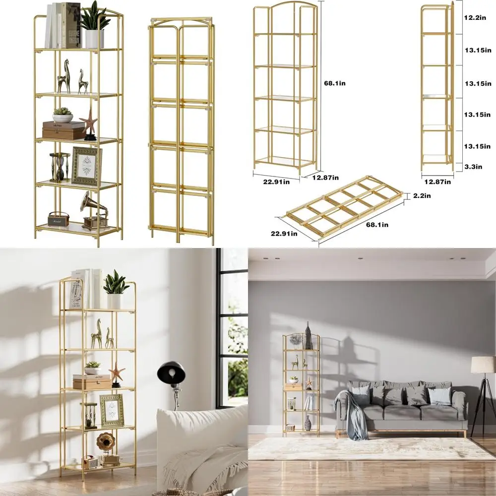 

5-Tier Gold Folding Bookshelf - Portable Storage for Living Room and Home Office