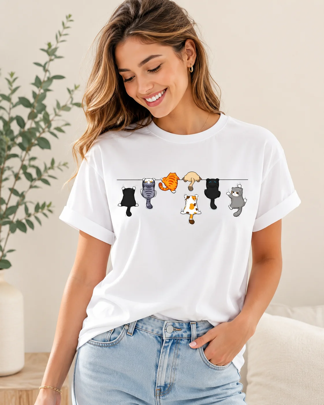 Cute Cat Print Round-Neck Short-Sleeve Casual Women's T-Shirt: Cotton Short-sleeve Top Featuring A Unique Cat Print. Women's Top
