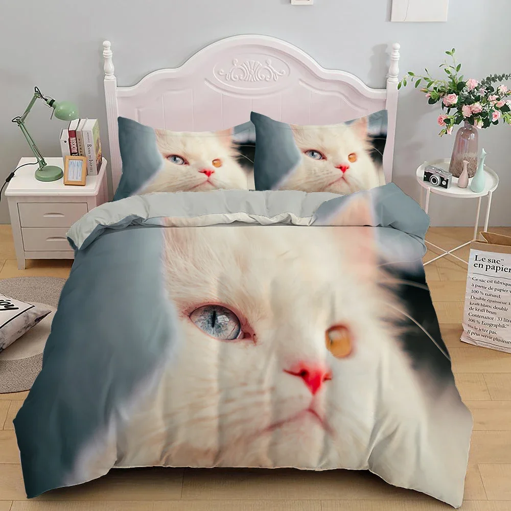 White Cat King Queen Duvet Cover Kawaii Pet Kitty Bedding Set for Kids Teens Adults Family Animal 2/3pcs Polyester Quilt Cover