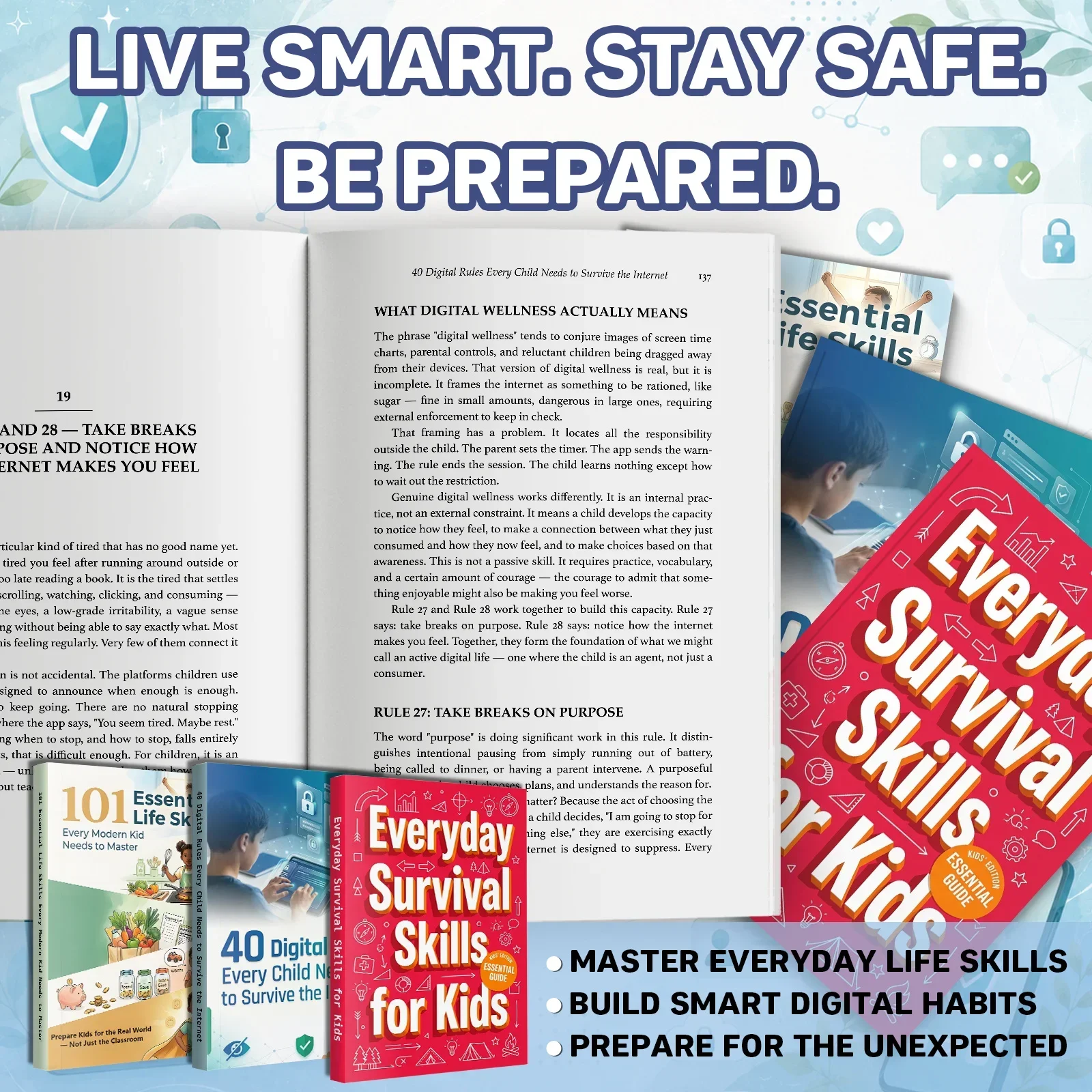3-Book Kids' Digital Safety and Practical Life Skills Book Set, 40 Internet Safety Rules, Everyday Survival Skills