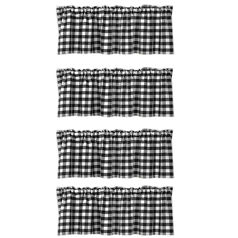 HLZS-4X Buffalo Plaid Valances For Kitchen Farmhouse Check Plaid Valances For Window Treatment Decor (Black And White)