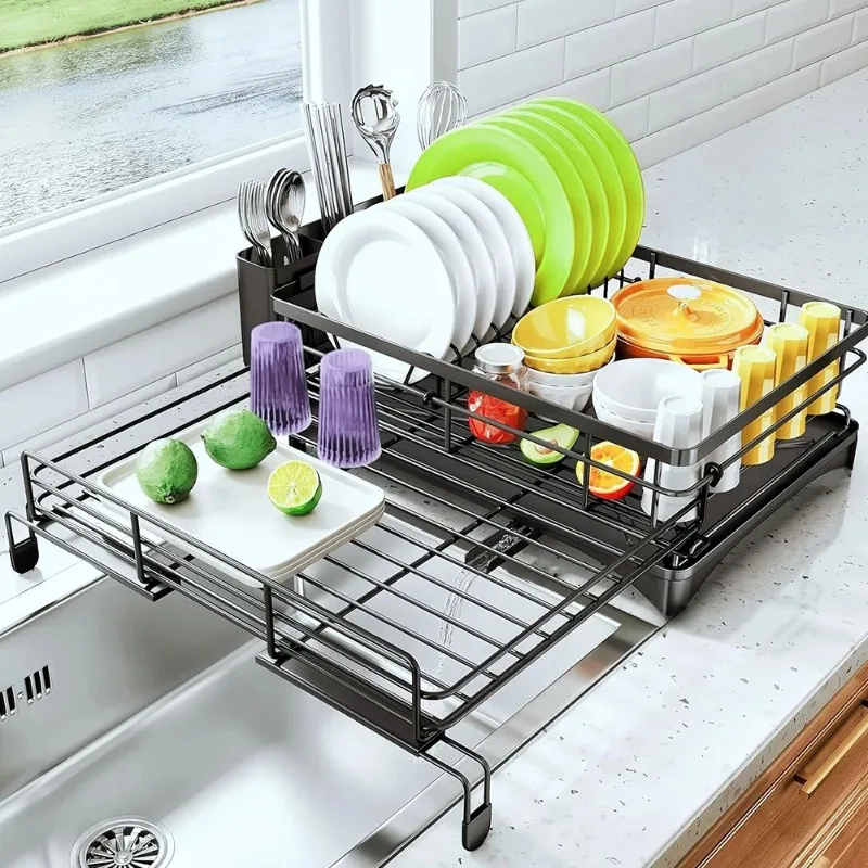 

Adjustable Dish Drying Rack Drainboard Organizer Kitchen Plates Over Sink Countertop Cutlery Storage with Drain Rack Easy to