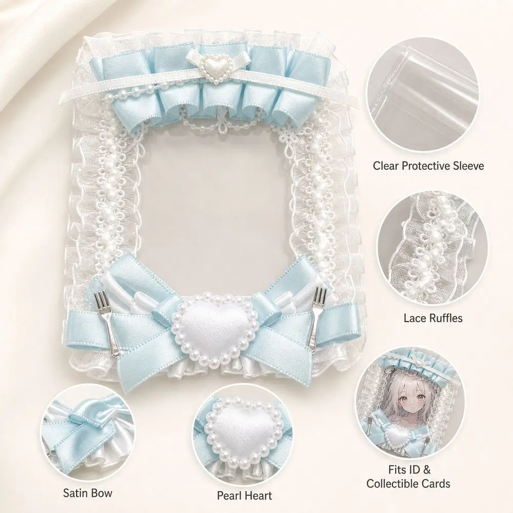 Lace Ruffles Photocard Holder Faux Pearl Satin Ribbon Decorative Card Holder Clear Sleeve Heart Decoration ID Card Sleeve