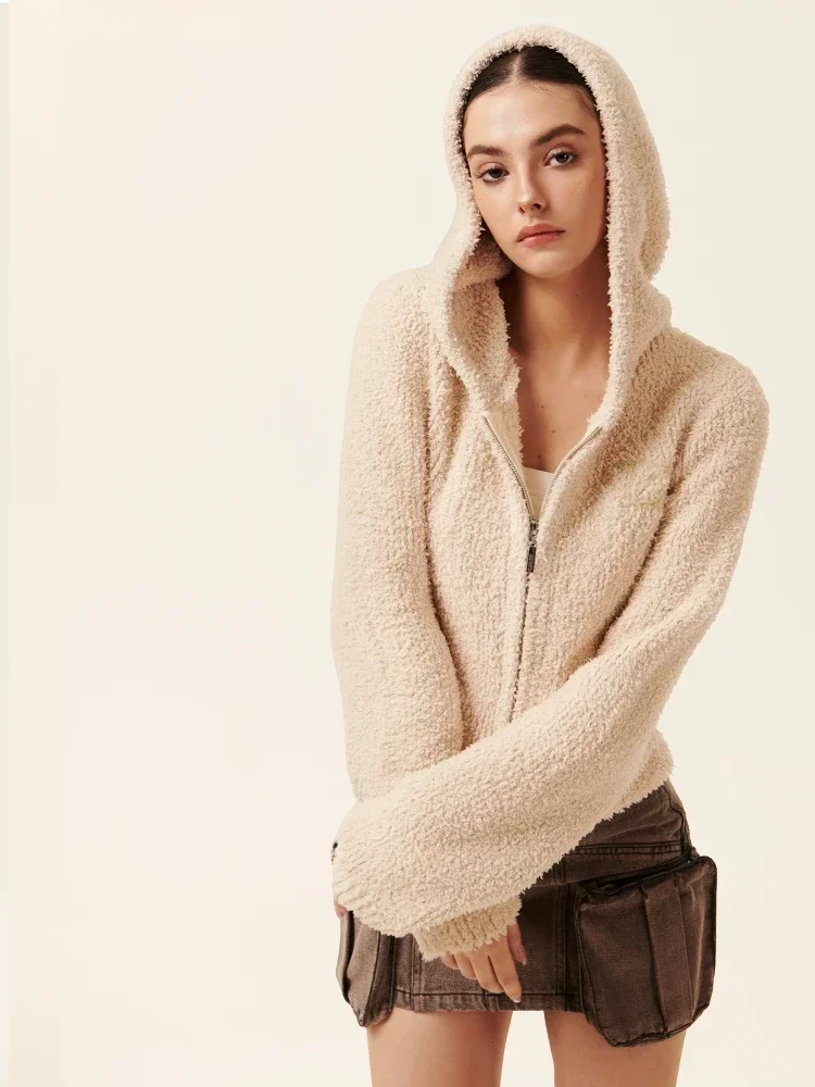 ADAgirl Vintage Brown Plush Hooded Sweatshirt Kawaii Zip Up Long Sleeve Warm Knitwear Hoodies Cardigan Winter Clothes Women Chic
