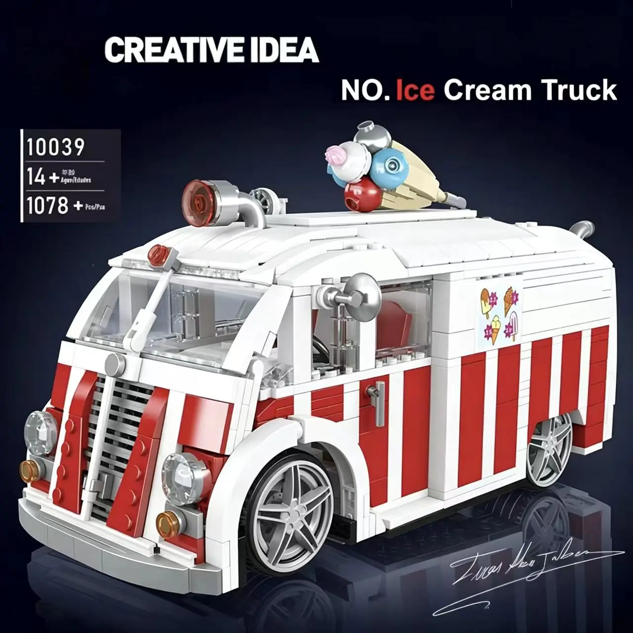 Mould King 10039 Ice Cream Truck Building Blocks,1078Pcs Retro Food Truck Model Bricks,DIY Assembly Collectible Toy for Adults