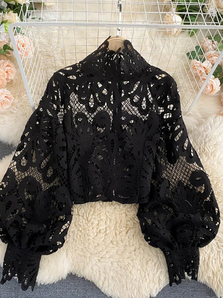 Sexy Lace Hollow Out Short Blouse Casual Lantern Long Sleeve Stand Collar Shirts Female Elegant Red/Pink/White Loose Tops