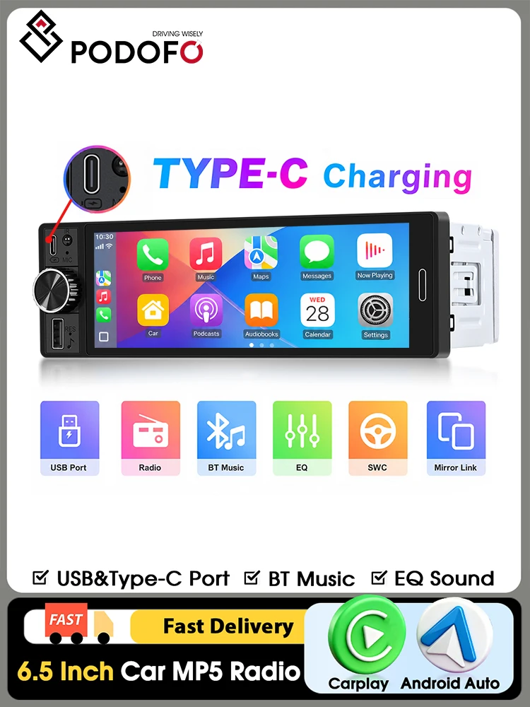 Podofo 6,5 Zoll IPS HD Touchscreen Auto-MP5-Player, kabelloses Carplay, Android Auto, Bluetooth 5.2, FM RDS Radio, Lenkradsteuerung, 12V Auto-Multimedia-Stereoanlage