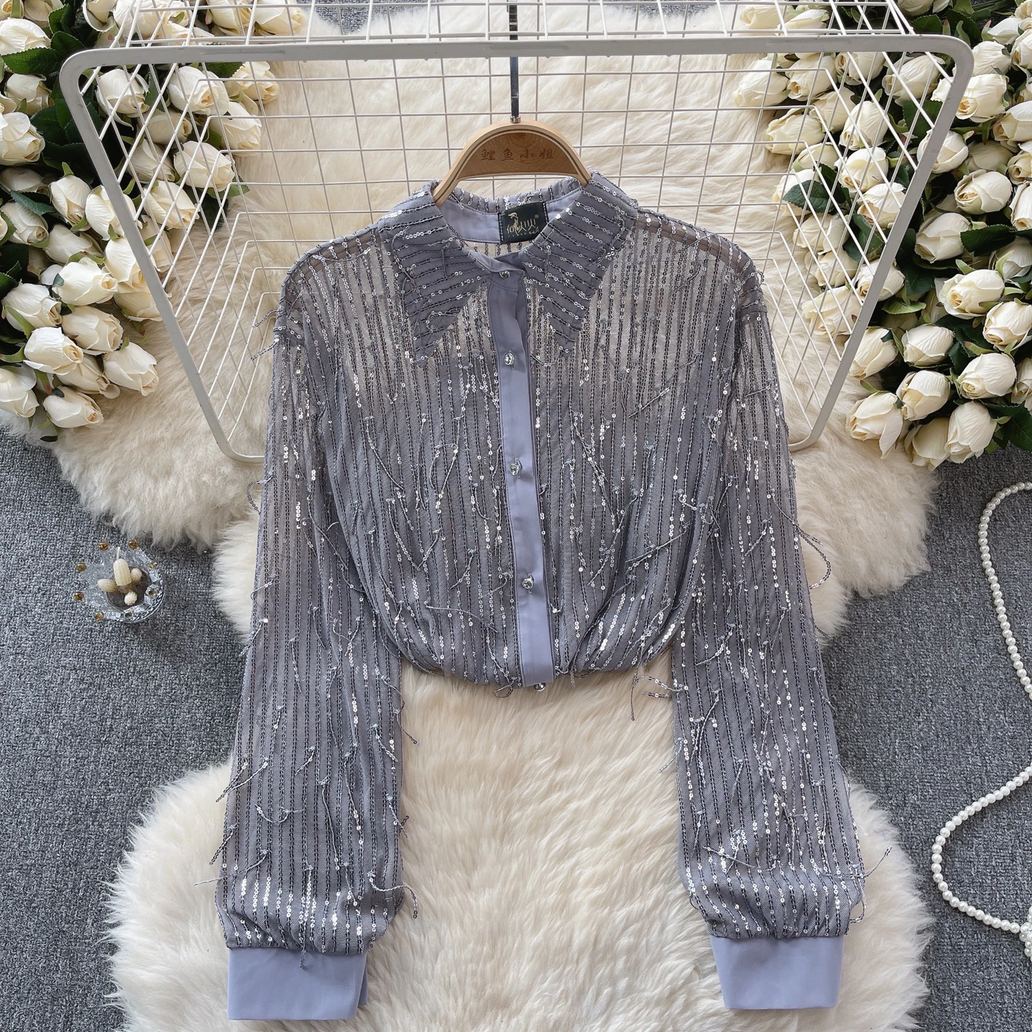 Women Chic Sequin Tassels Sheer Mesh Long Sleeve Lapel Crop Top Slim Sexy Korean T-shirt Fashion Autumn Women Shirt