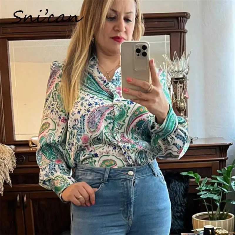 

Green Paisley Office Ladies Satin Blouse ZA Vintage Long Sleeve Turn Down Collar Women Chic Tops 2022 Blusas Feminina Shirts