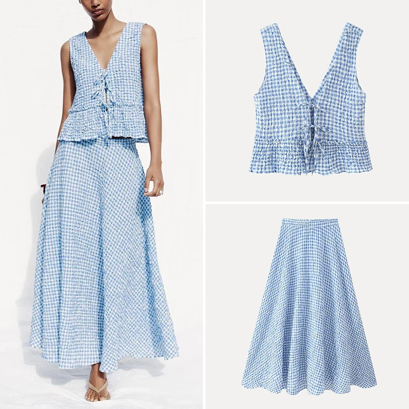 Z 2025 Estate Nuove donne irt e gonna a mantella Set piccolo plaid Faion Ensemble Fibra di poliestere ort Sve V-Ne