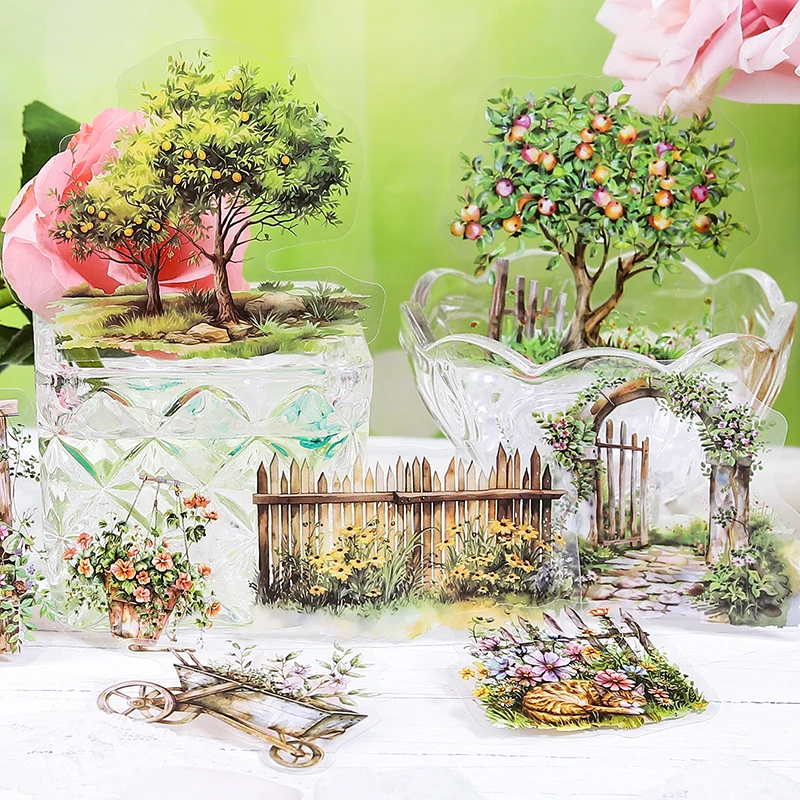 15pcs/pack PET Garden Flower House Stickers Collage Scrapbooking Decor Junk Journal Stationery DIY Flowers Sticker