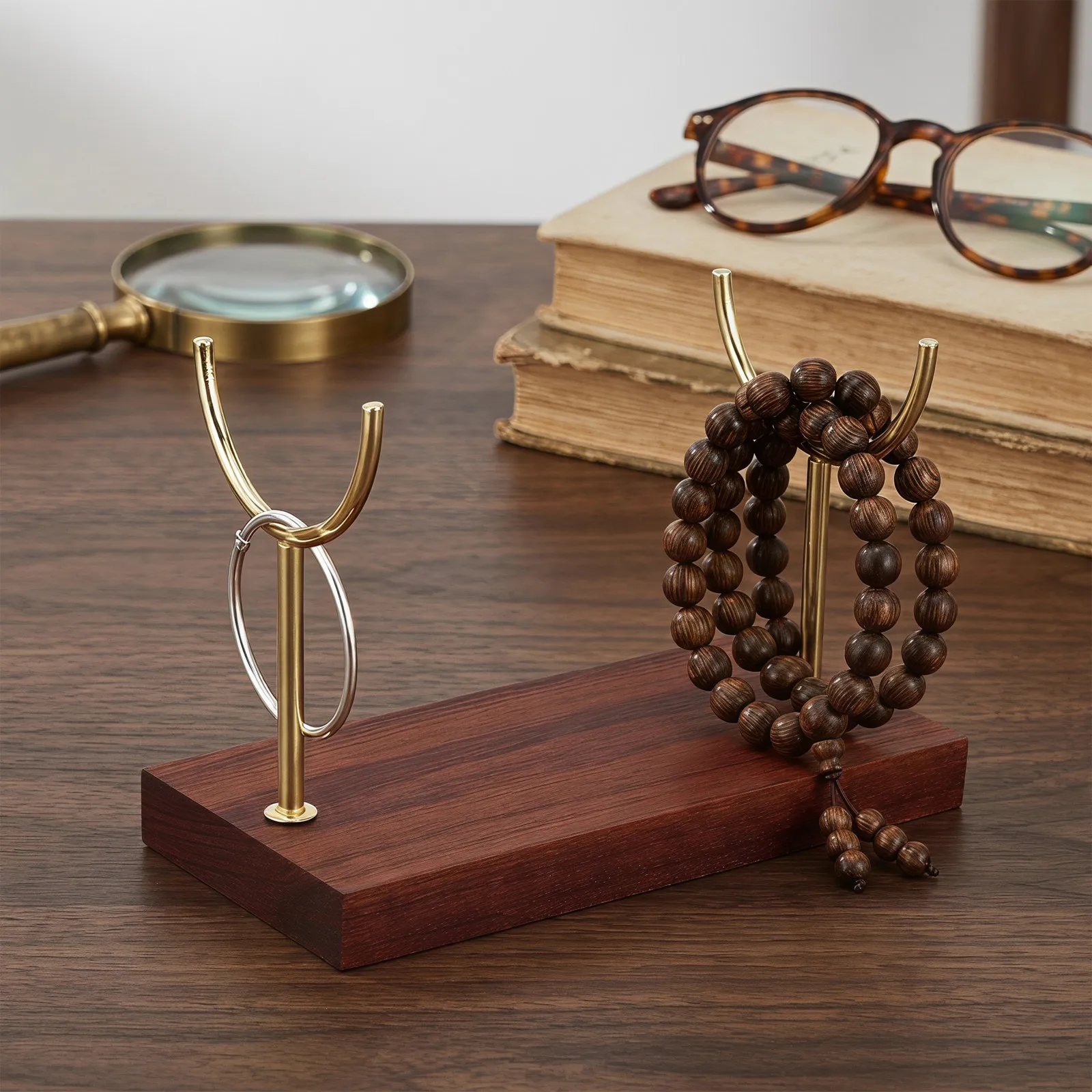 Wood Jewelry Display Stand Double Hook Bracelet Necklace Holder Organizer with Stable Wood Base Adjustable Metal Forks for Home
