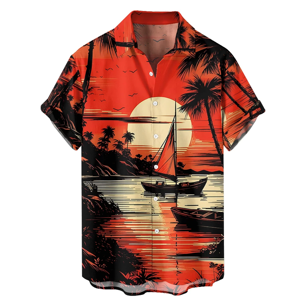 

2024 new original Summer sunset sea leisure travel large size short-sleeved shirt Hawaiian style digital print loose trend shirt