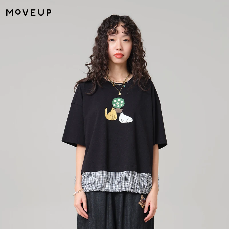 

MOVEUP Short Sleeves Round Neck T-Shirt 2026 Summer New False Two-Piece Cat Printed Splicing Plaid Loose Top For Women 3ELX10587