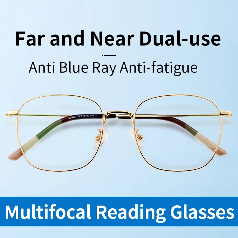 Progressive Multifocus Reading Glasses Blue Light Blocking Multifocal Magnifying Presbyopic ,Spectacles with Gold Wire Frames
