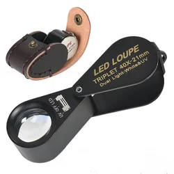 40X Jewelry Magnifying Glass All-Metal with Ring Led Light Pocket Illuminated Loupe Triplet Glass Diamond for Jade Appreciation