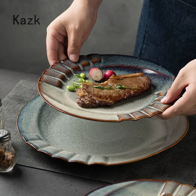 

Retro Kiln Glaze Ceramic Plate European Relief Rough Pottery Tableware Steak Dinner Plates Cold Dish Dessert Dishes Service Tray