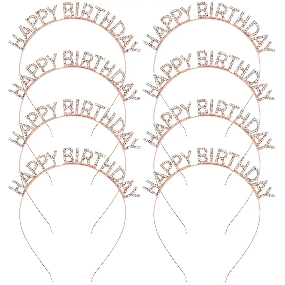 8 Pack Sparkling Rhinestone Rose Gold Metal Happy Birthday Headbands Hair Crowns Tiaras Bands Hoops Birthday Party Hair Acce