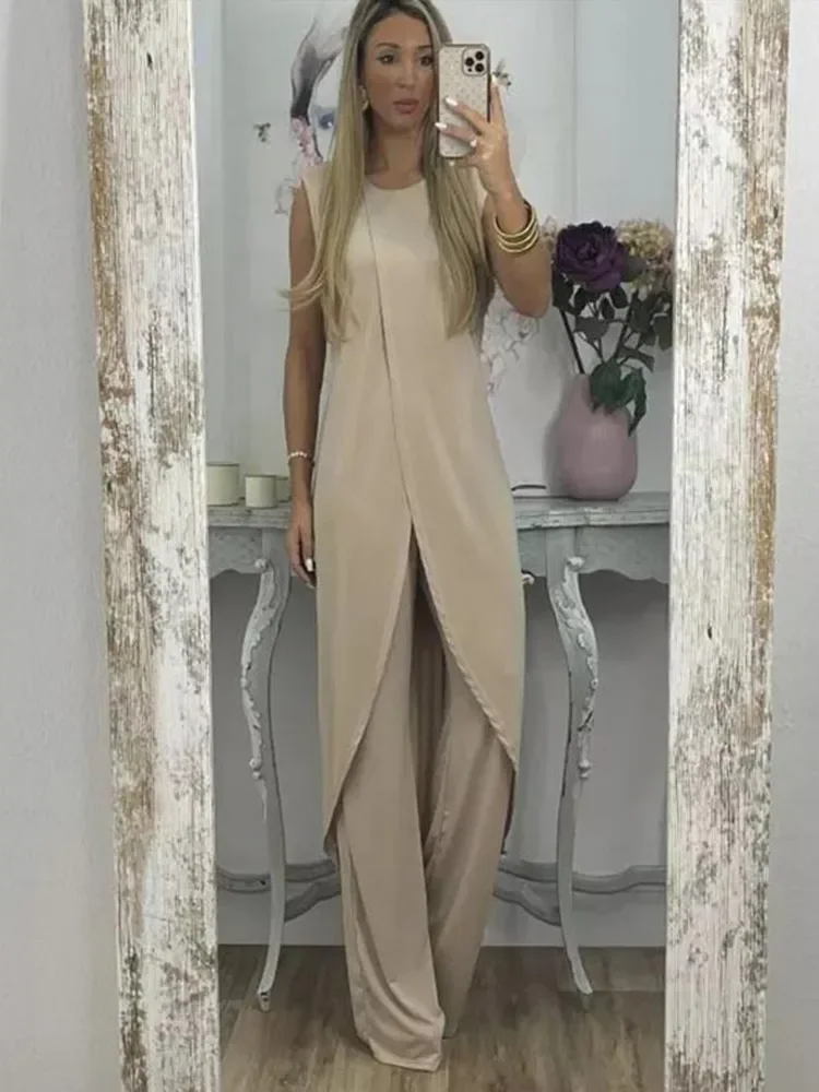 

Casual Solid Two-piece Set For Women Fashion Round Necked Sleeveless Long Top Loose Pants Suit 2023 Elegant Lady Chic Outfits