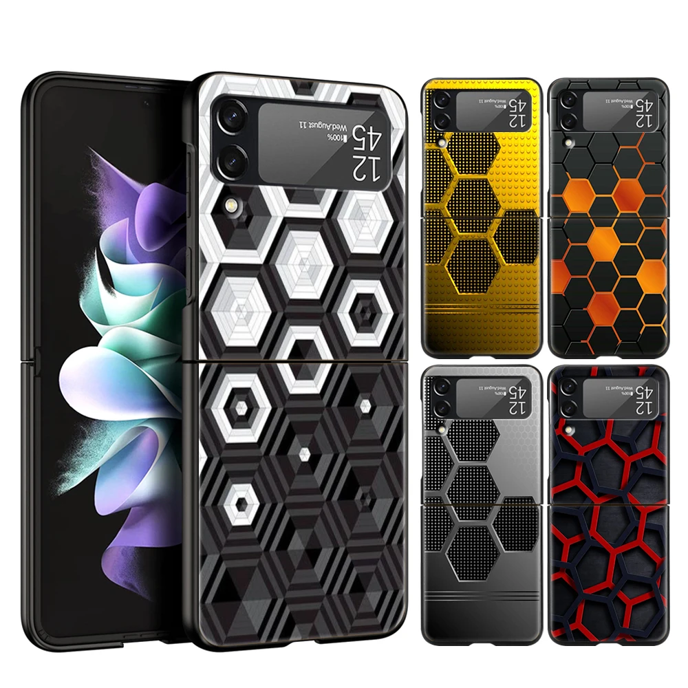 Fashion White Honeycomb Building Block Hard PC Phone Case For Samsung Galaxy Z Flip 6 5 4 Black Cover For Galaxy Z Flip 3 Capas
