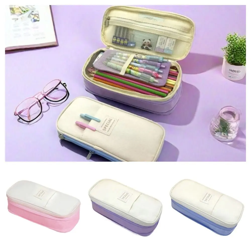 

Portable Multi-Layer Pen Storage Bag Large Capacity Expansion Zipper Pencil Pouch Dustproof Canvas Macaron Color Pen Case Artist