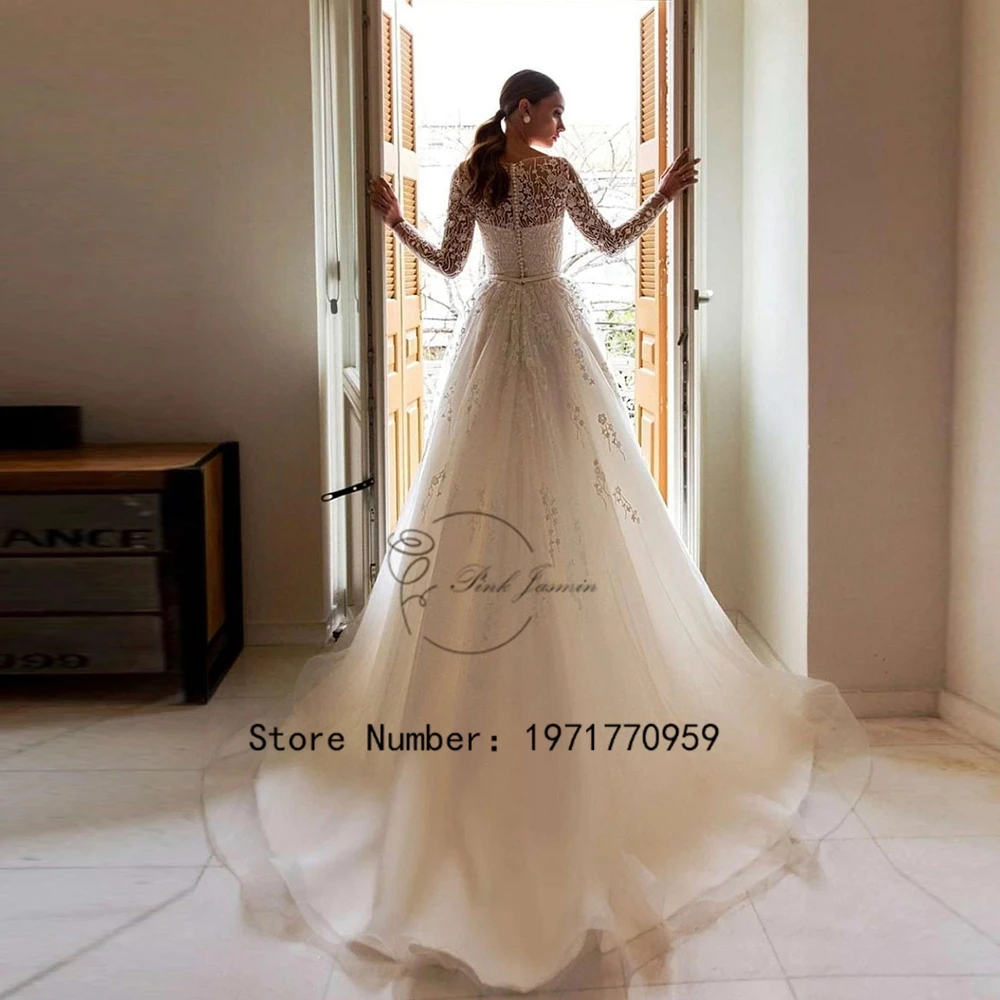 Gorgeous Wedding Dress For Women O Neck Full Sleeves Applique Elegant Bridal Gowns Classic Button Back Sweep Train Vestido De