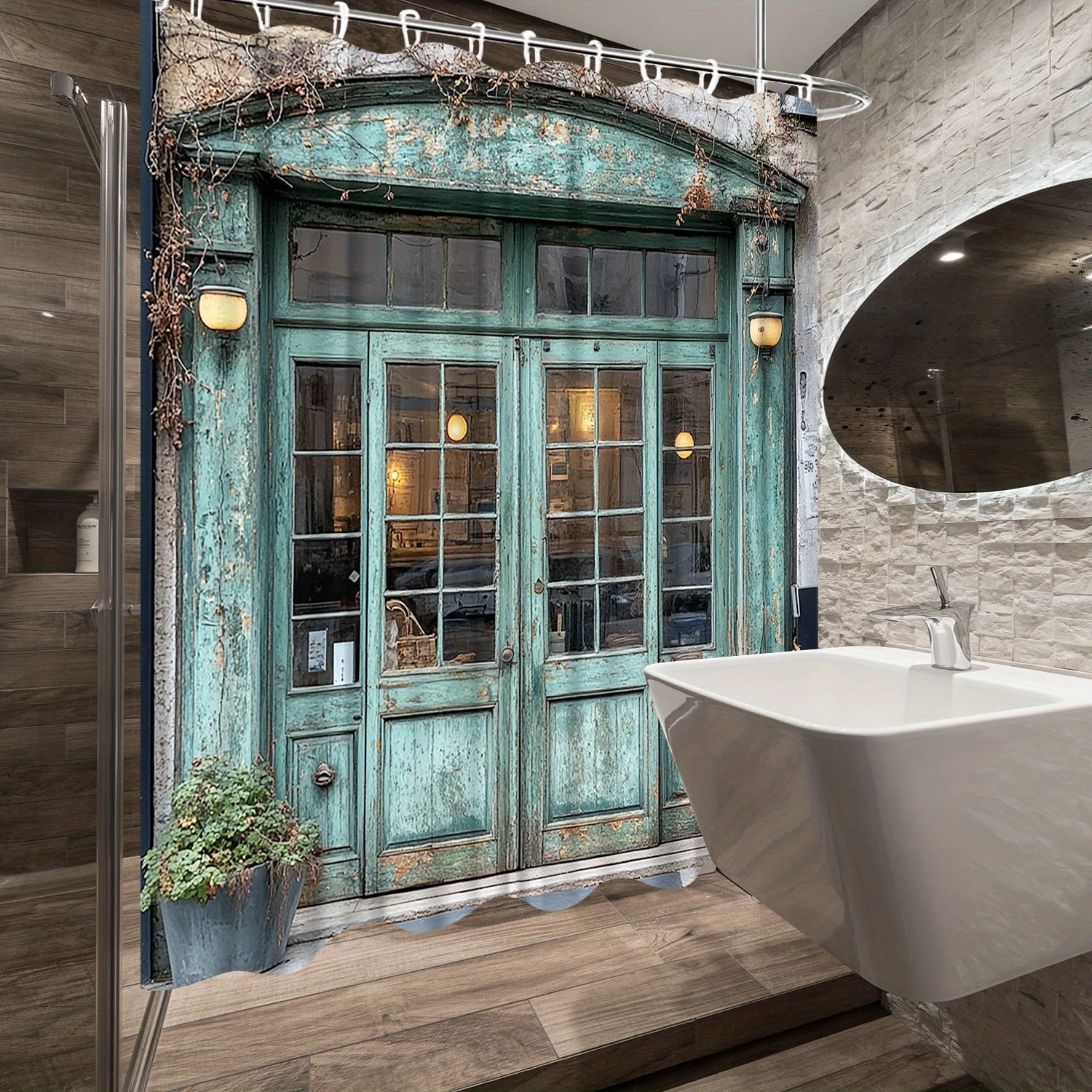 Vintage Green Wooden Door with Glass Panels and Plants Shower Curtain Machine Washable All Season Waterproof Durable materials