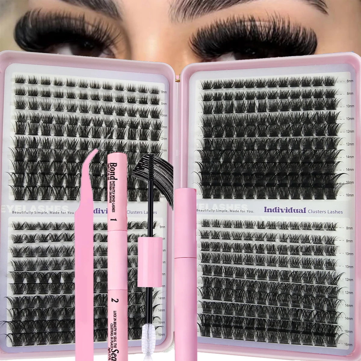 640 einteilige 40-reihige Cluster für falsche Wimpern, D-Rolle, gemischte Cluster für falsche Wimpern, 3D-flauschiges DIY-Set für falsche Wimpern, Kleberpinzette