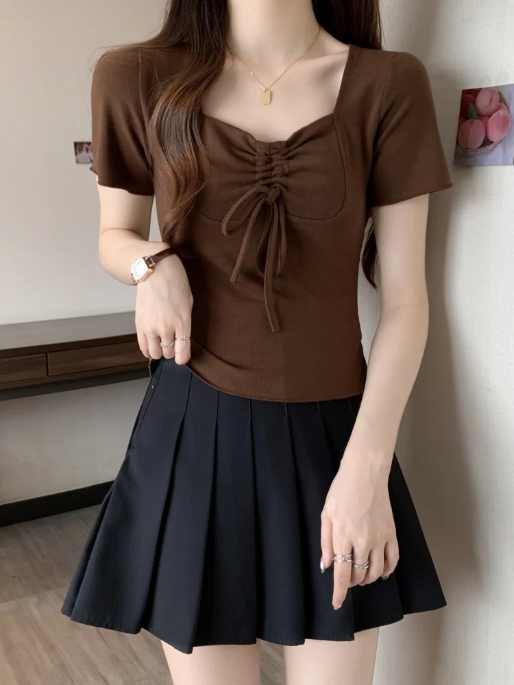 Women's Short Sleeve T-Shirt Shoulder Width Regular Square Collar Slimming Sweet And Gentle Style Summer Fashion Casual Top