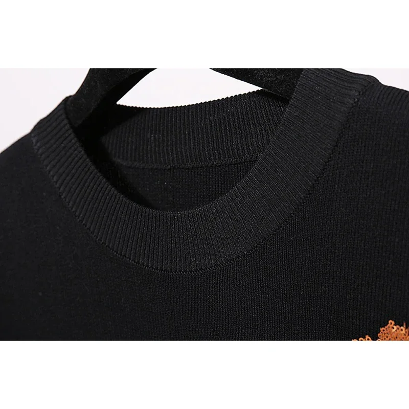 Heavy Work Sequins Embroidery Knitted Tracksuits Set Women Fashion Black Pullover Sweater Long Pants Two Piece Outfits Female