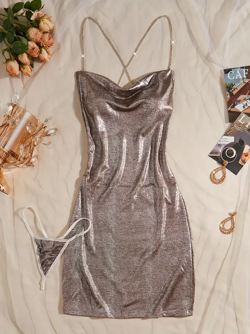Sexy Metallic Bodycon Mini Dress with Chain Detail - Sleeveless, Ruched Design, Perfect for Adults, Adult Evening Wear