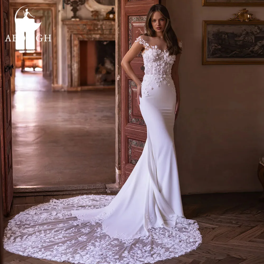 

Aedmgh Mermaid Sexy Wedding Dresses O-Neck Cap Sleeve Vestido De Novia Lace Appliques Matte Satin Custom Made Bridal Gown