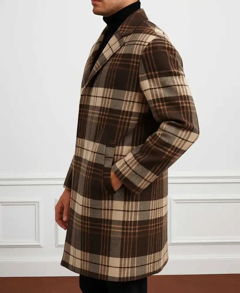 클래식 그리드 울 혼방 남성 오버코트 1피스 싱글 브레스티드 루즈 코트 가을 겨울 따뜻한 스트리트웨어 캐주얼 데일리 맞춤형