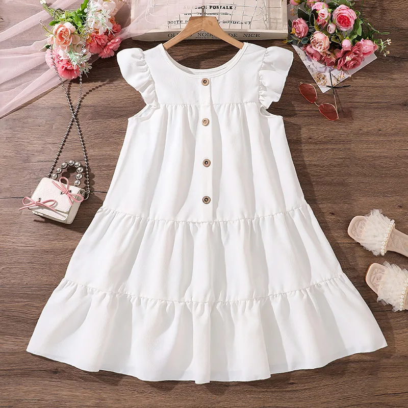 

2025 New Arrival Girls Sleeveless Ruffles White Menina Cute Holiday Night Party Princess Dress Custume 8-12T