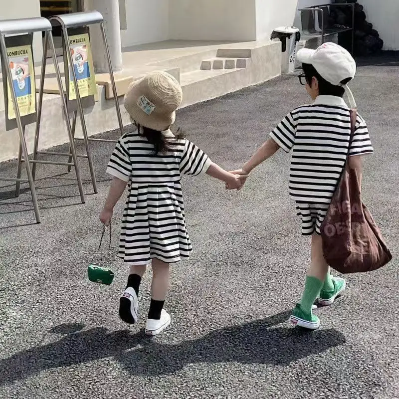 Brother Sister Suit Kids Stripe Set Boys Polo Style Suit+Girls Princess Dress Children 2-7 Years Family Outing Leisure Clothes