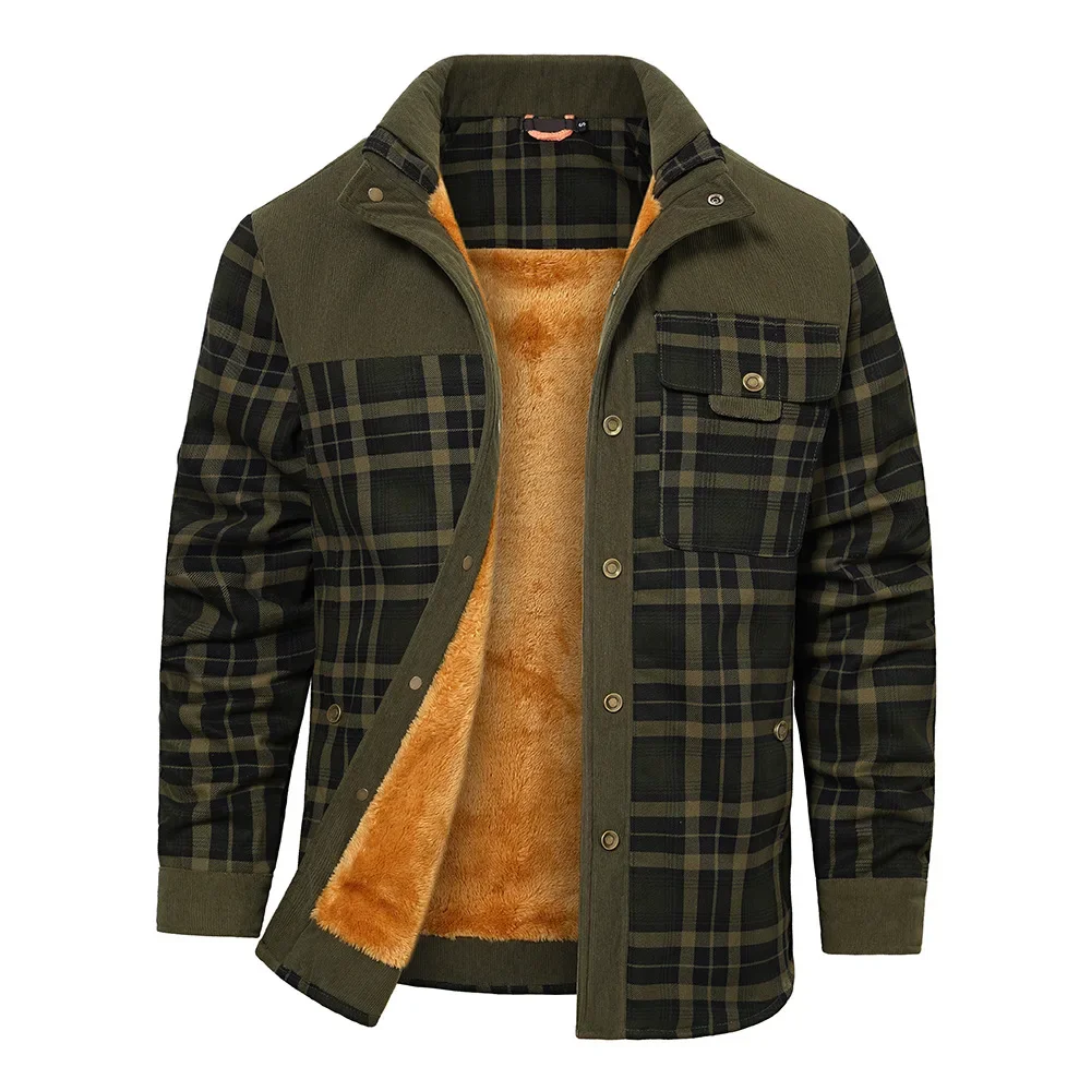

Man Plush Coat Autumn Winter New Thicken Warm Plaid Patchwork Male Jacket Stand Collar Long Sleeve Pocket Soft Men Outerwear