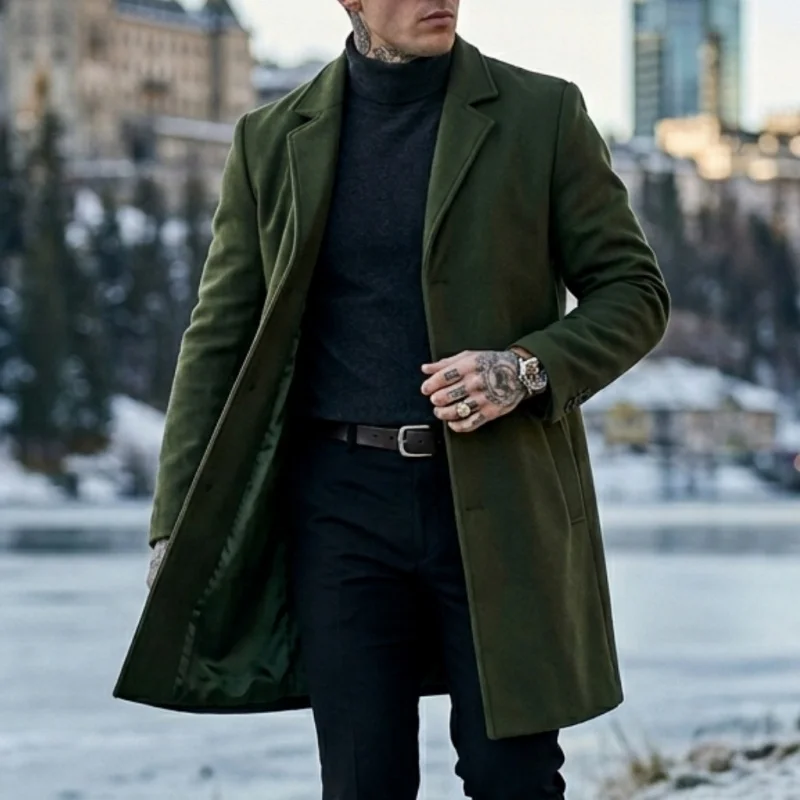 New Winter Men's Long Blended Coat - Single-Button Closure | Business-Casual & Street-Ready Suit-Style Jacket for Men Winter