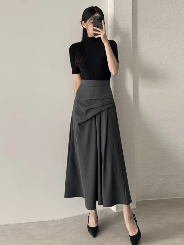 

Ele Bla Asymmetrical Pleated High Waist Skirt for Women Faionable Design Commute Sle Stand Fit Autumn New A...