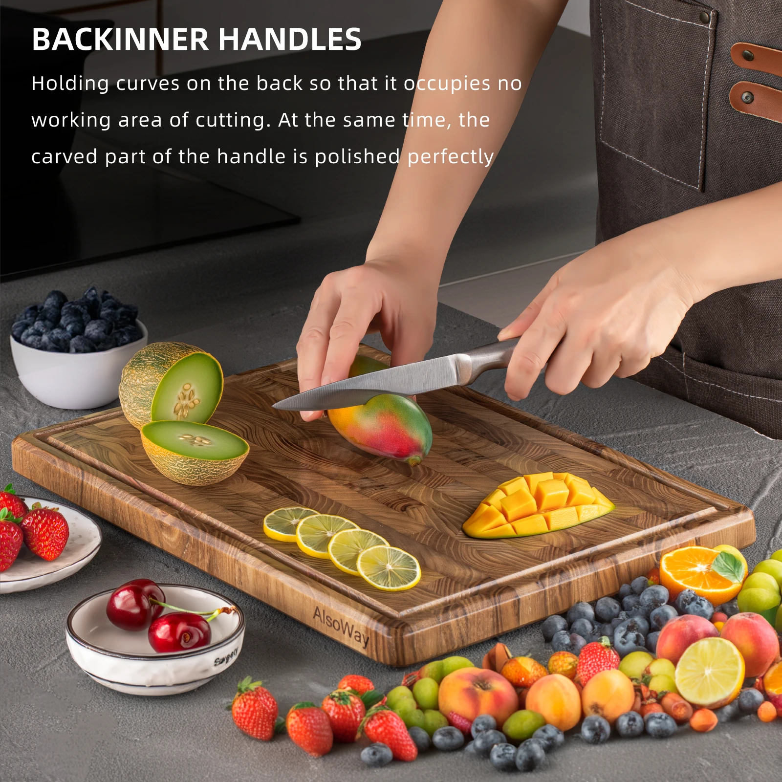 لوح تقطيع خشب الساج ، كتلة جزار ، لوح تقطيع ، متعدد الأغراض للمطبخ بأخدود عصير ومقابض داخلية #4