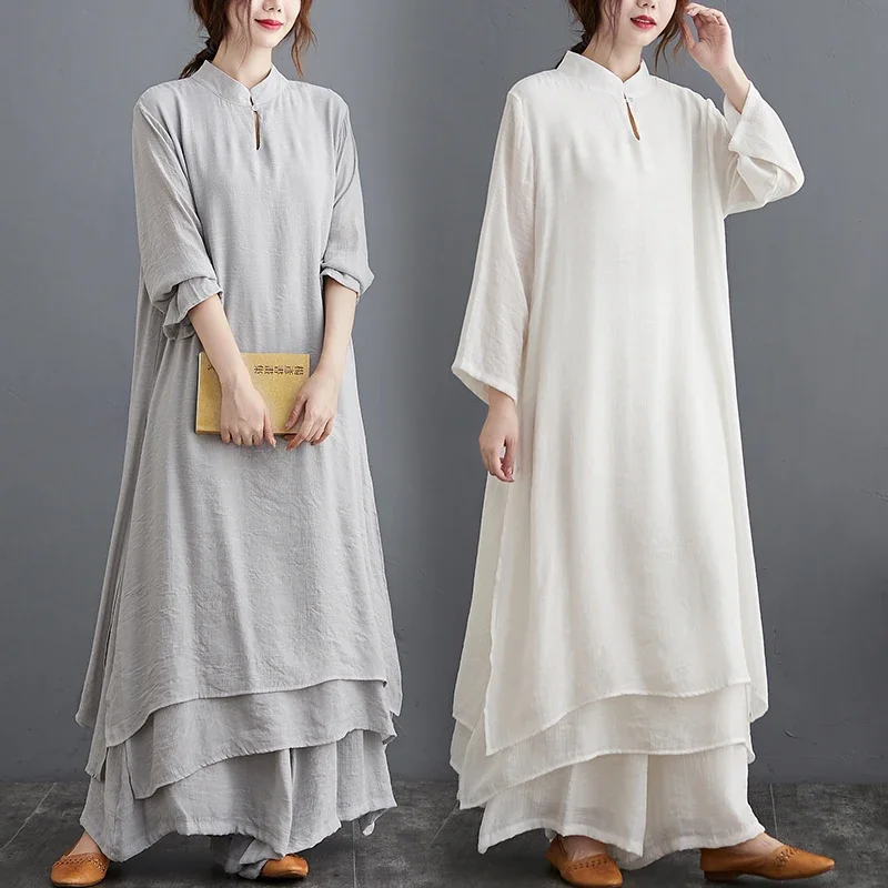 2Pcs Summer Chinese Traditional Women Hanfu Top Pants Set Kung Fu Suit Outfits Cotton Linen Loose Casual Streetwear Solid Color