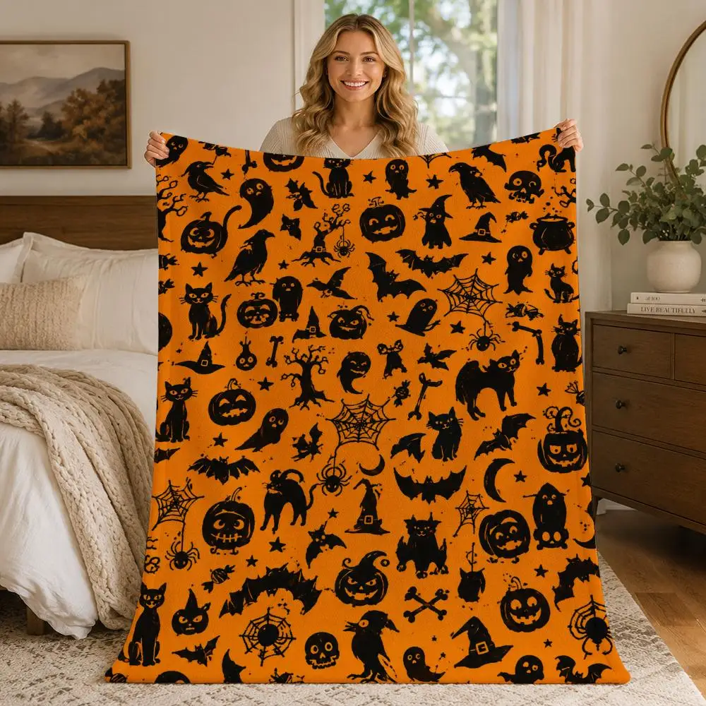 Pumpkins, black cats, harvest Throw Blankets Soft Warm Flannel Blanket Bedding for Bed Living room Home Sofa