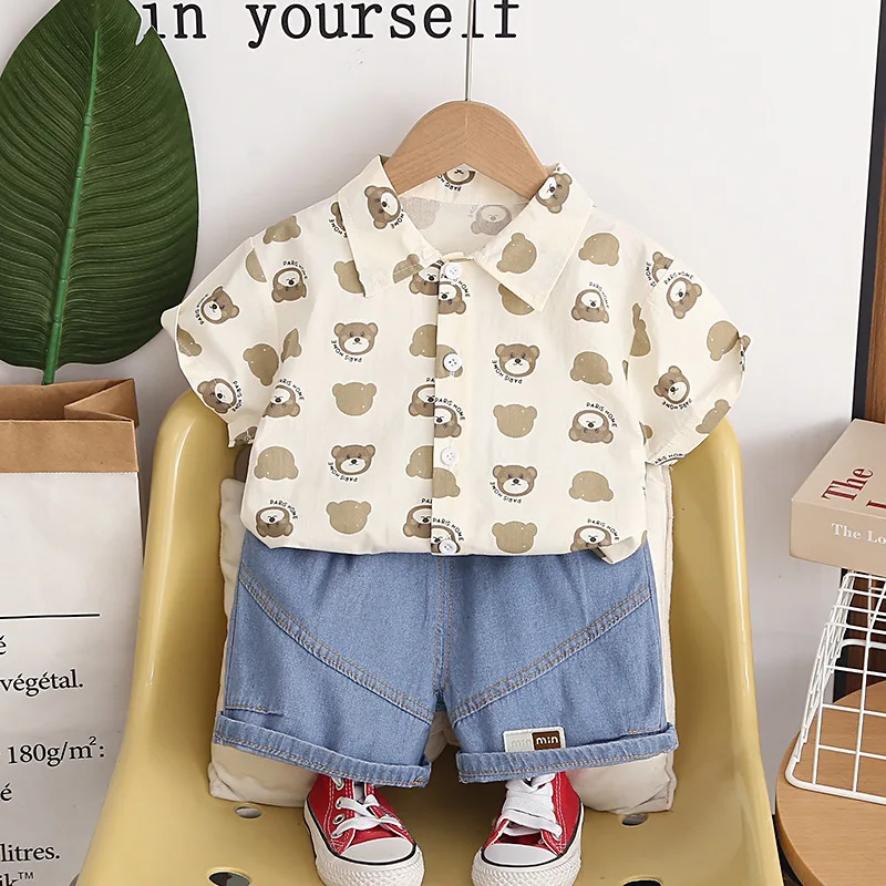 Kids Clothes 2026 Summer New Casual Trendy Outfits Toddler Boys Cute Bear Print Single Breasted Shirt and Denim Shorts 2pcs Set