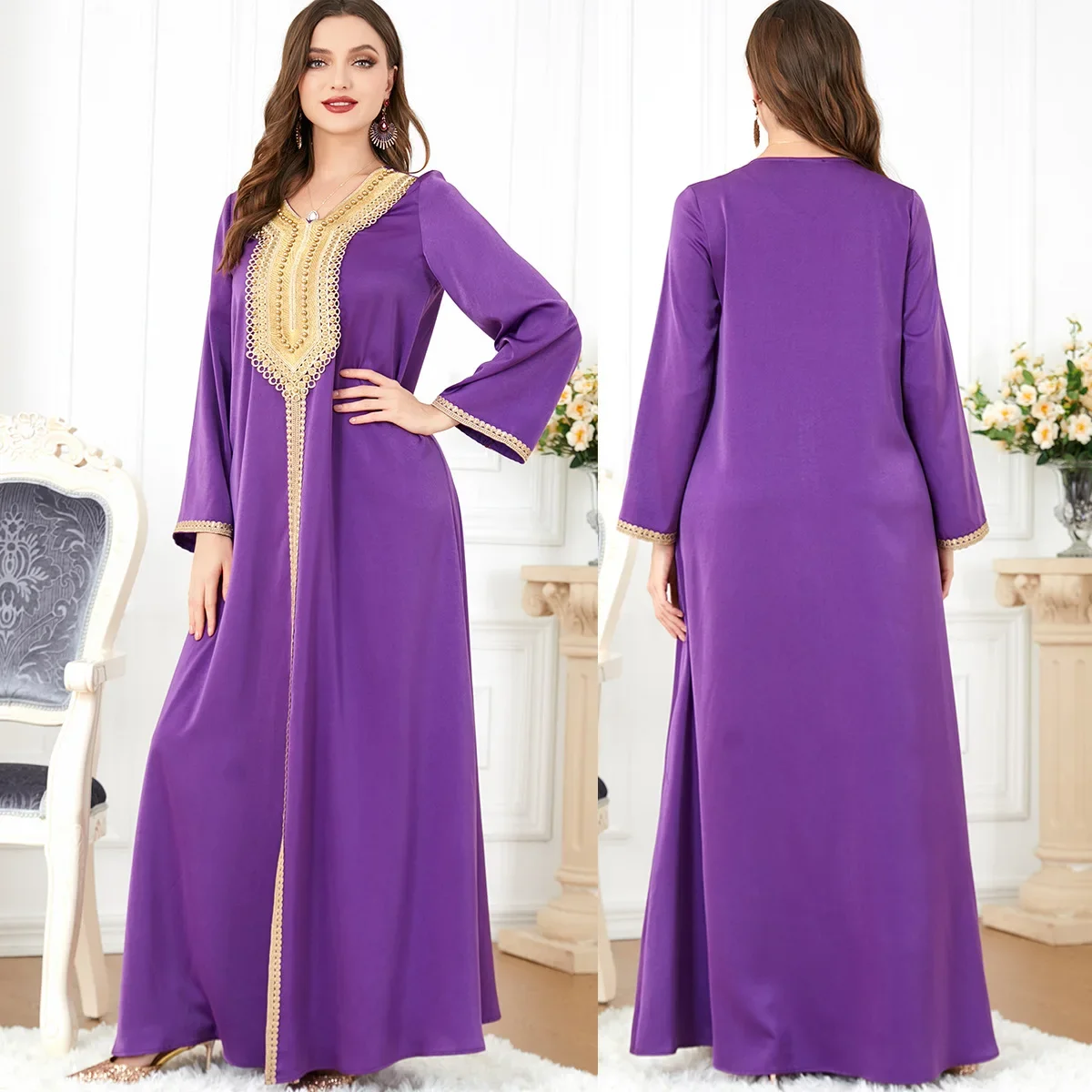 Elegant Moroccan Kaftan Robe Ramadan Femme Dubai Abaya Dress Eid Muslim Jalabiya Gown for Women Fashion Islamic Turkey Clothes