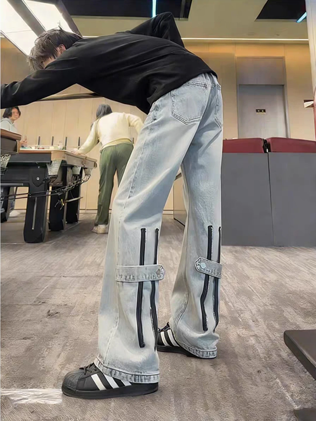 

American High Street Sle Knife Jeans Men's Autumn Winter Button Design Flared Pants Rise Straight Workwear Trousers