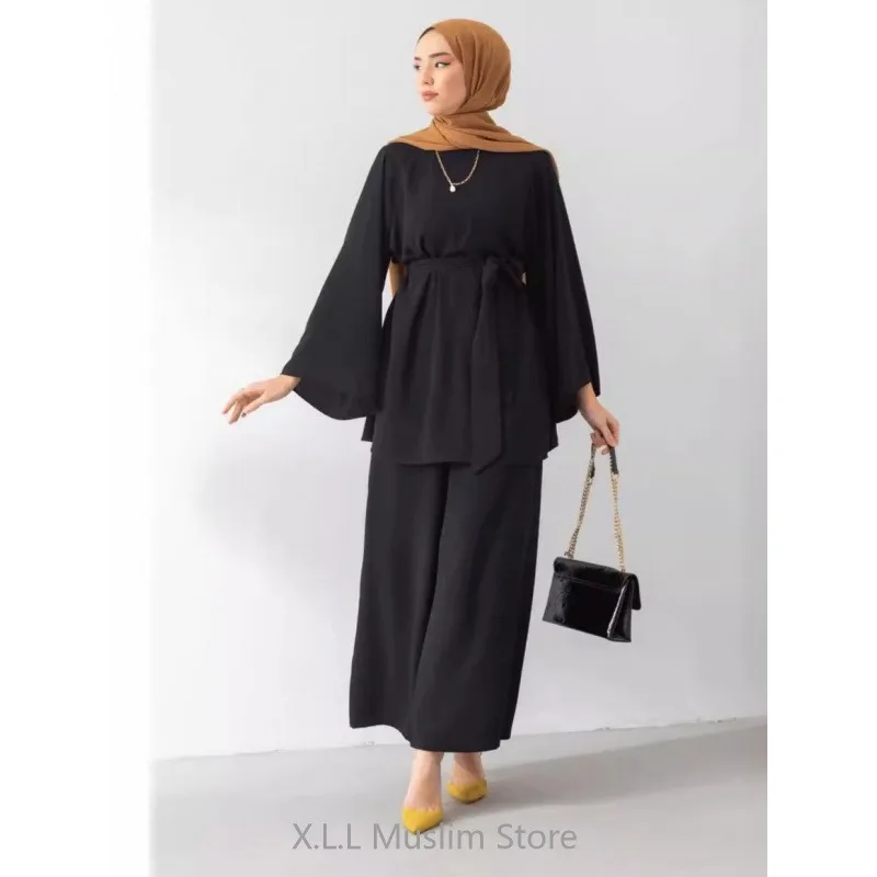 Eid Ramadan Turkey Dubai Kaftan Islam Clothing Muslim Top+Bottom For Women Modest Fashion Casual Set Ensemble Femme Musulmane