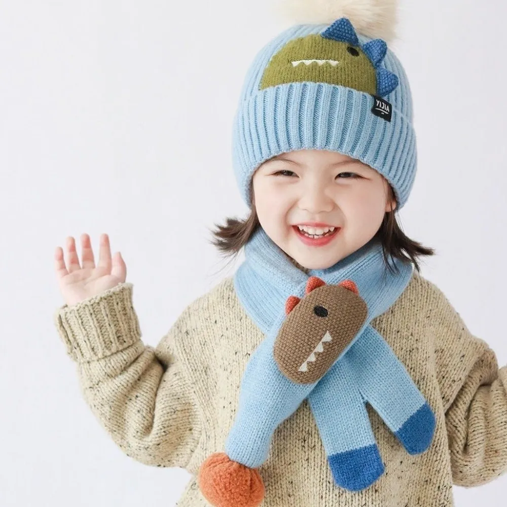 2 قطعة Kawaii الأطفال قبعة وشاح مجموعة سميكة الكورية نمط الكرتون وشاح دافئ يندبروف الدفء محبوك قبعة صغيرة